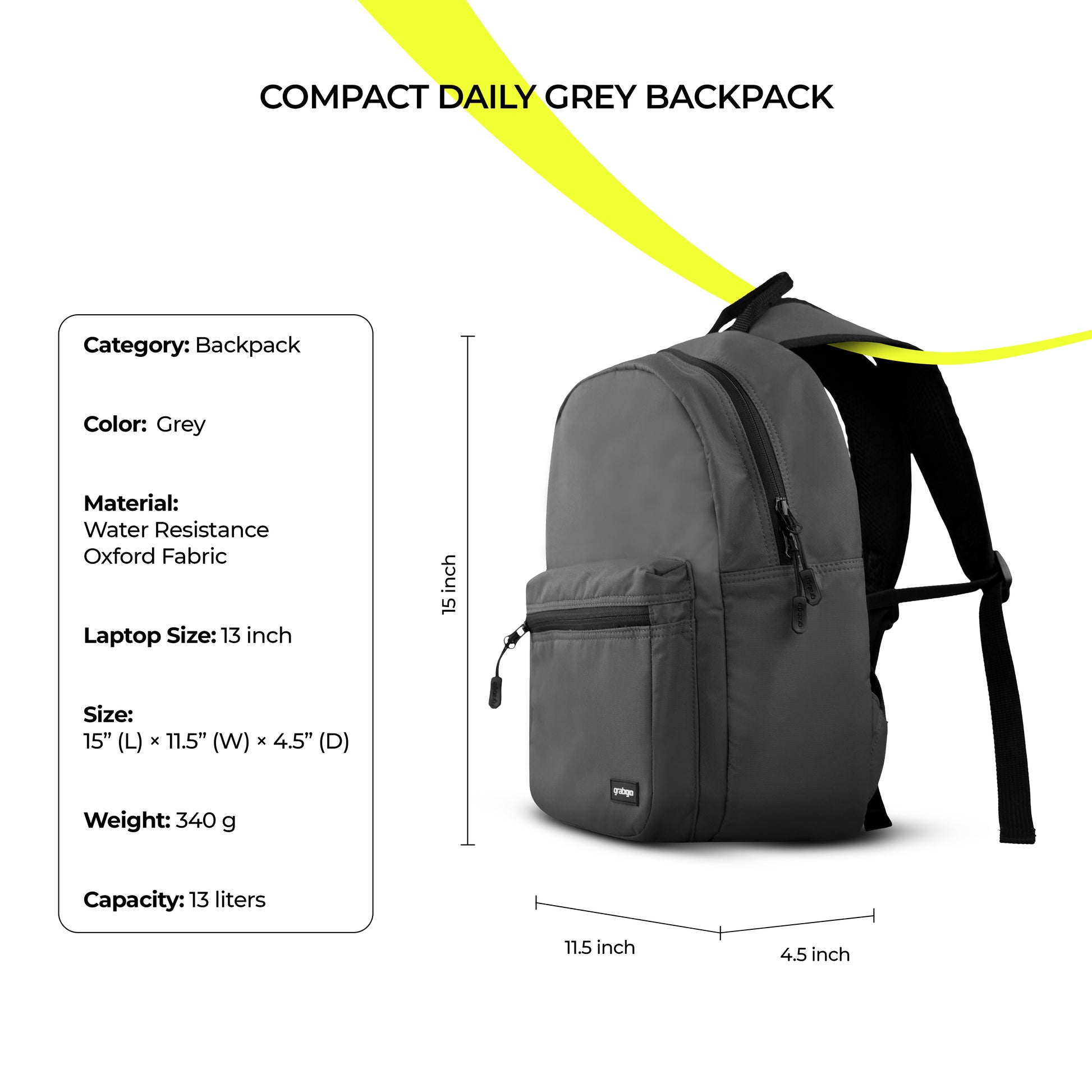 GRABGO COMPACT DAILY GREY BACKPACK